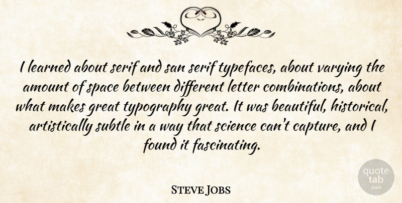 Steve Jobs Quote About Amount, Found, Great, Learned, Letter: I Learned About Serif And...