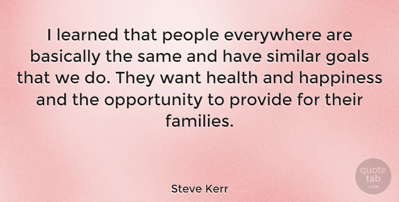 Steve Kerr Quote About Basketball, Opportunity, Goal: I Learned That People Everywhere...