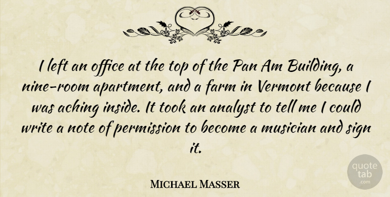 Michael Masser Quote About Aching, Analyst, Farm, Left, Musician: I Left An Office At...