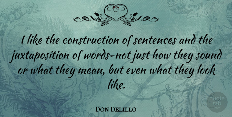 Don DeLillo Quote About Mean, Juxtaposition, Sound: I Like The Construction Of...