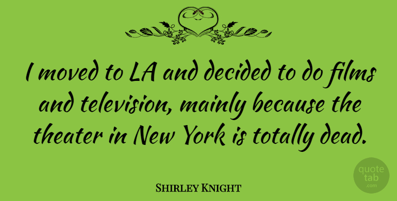 Shirley Knight Quote About New York, Television, Film: I Moved To La And...