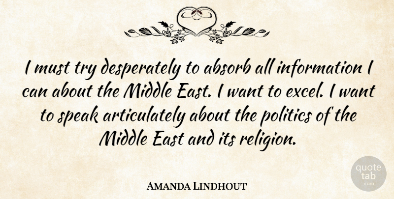 Amanda Lindhout Quote About Absorb, East, Information, Middle, Politics: I Must Try Desperately To...