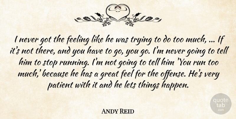 Andy Reid Quote About Feeling, Great, Lets, Patient, Run: I Never Got The Feeling...