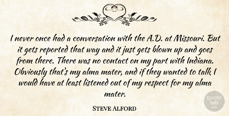Steve Alford Quote About Blown, Contact, Conversation, Gets, Goes: I Never Once Had A...