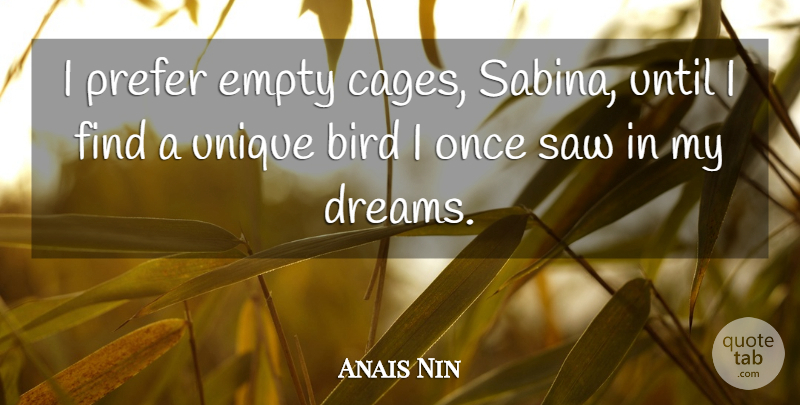 Anais Nin Quote About Dream, Unique, Bird: I Prefer Empty Cages Sabina...