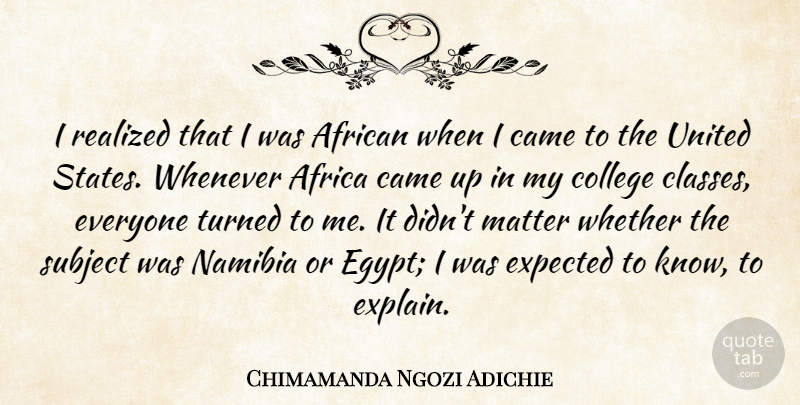 Chimamanda Ngozi Adichie Quote About African, Came, Expected, Matter, Realized: I Realized That I Was...