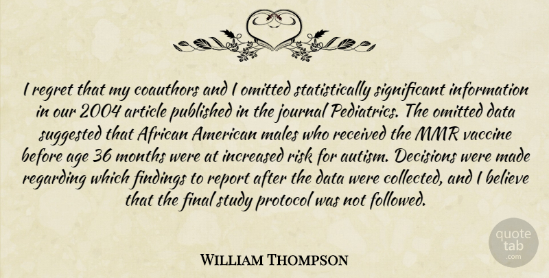 William Thompson Quote About Regret, Believe, Data: I Regret That My Coauthors...