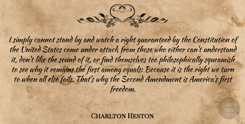 Charlton Heston Quote About Gun, America, Second Amendment: I Simply Cannot Stand By...