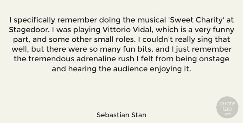 Sebastian Stan Quote About Adrenaline, Audience, Enjoying, Felt, Funny: I Specifically Remember Doing The...