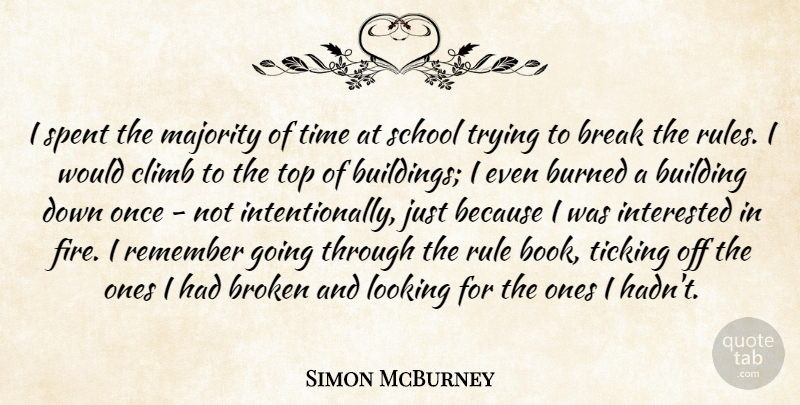 Simon McBurney Quote About Break, Broken, Building, Burned, Climb: I Spent The Majority Of...