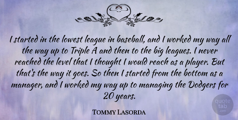 Tommy Lasorda Quote About Baseball, Player, Years: I Started In The Lowest...