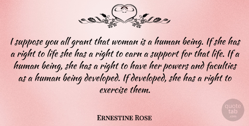 Ernestine Rose Quote About Earn, Exercise, Faculties, Grant, Human: I Suppose You All Grant...