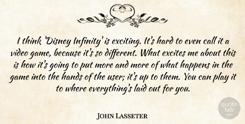John Lasseter Quote About Call, Excites, Happens, Hard, Laid: I Think Disney Infinity Is...