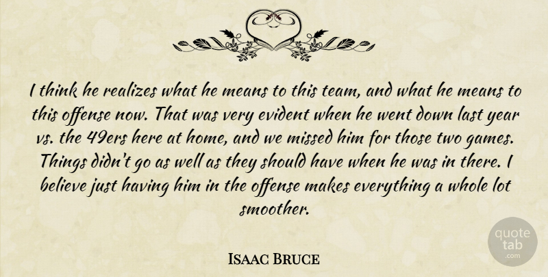 Isaac Bruce Quote About Believe, Evident, Last, Means, Missed: I Think He Realizes What...