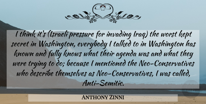 Anthony Zinni Quote About Thinking, Iraq, Secret: I Think Its Israeli Pressure...