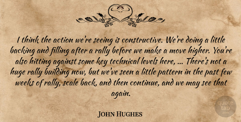John Hughes Quote About Action, Against, Backing, Building, Few: I Think The Action Were...