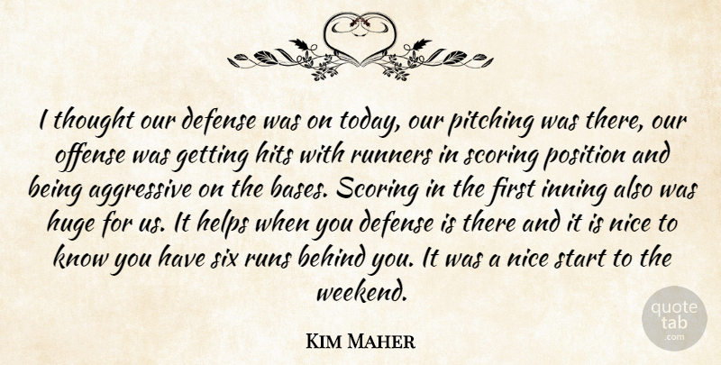 Kim Maher Quote About Aggressive, Behind, Defense, Helps, Hits: I Thought Our Defense Was...