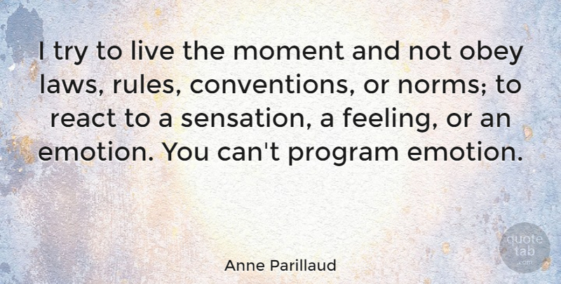 Anne Parillaud Quote About Law, Feelings, Live In The Moment: I Try To Live The...