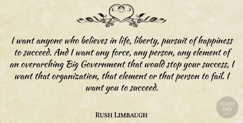 Rush Limbaugh Quote About Believe, Pursuit Of Happiness, Organization: I Want Anyone Who Believes...