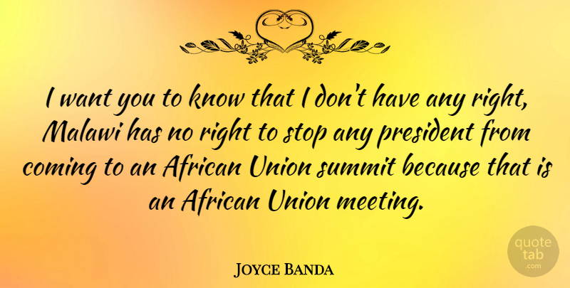 Joyce Banda Quote About African, Coming, Summit, Union: I Want You To Know...