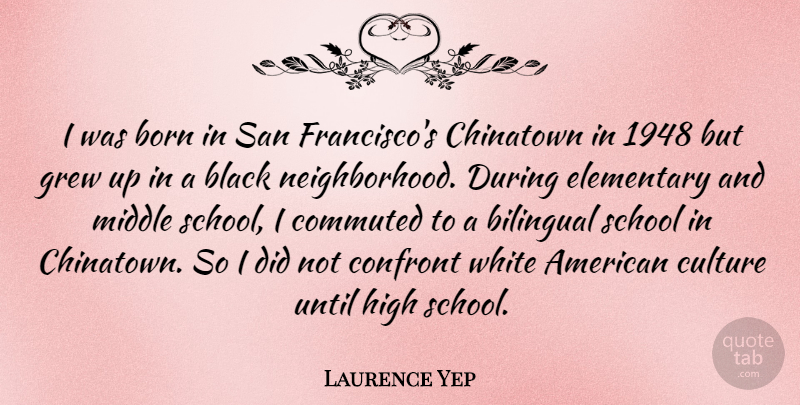 Laurence Yep Quote About Bilingual, Born, Chinatown, Confront, Elementary: I Was Born In San...