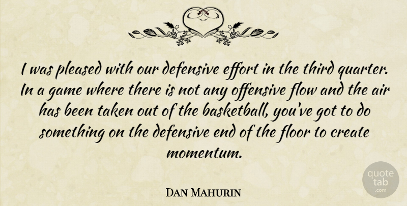 Dan Mahurin Quote About Air, Create, Defensive, Effort, Floor: I Was Pleased With Our...