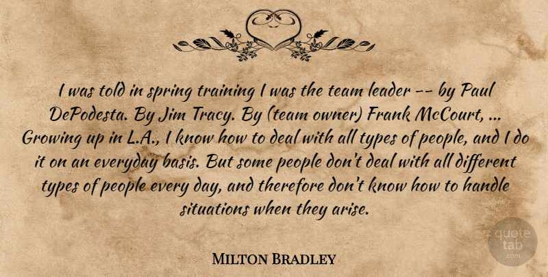Milton Bradley Quote About Deal, Everyday, Frank, Growing, Handle: I Was Told In Spring...