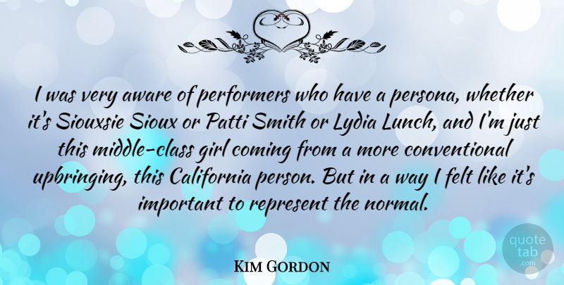 Kim Gordon Quote About Aware, Coming, Felt, Performers, Represent: I Was Very Aware Of...