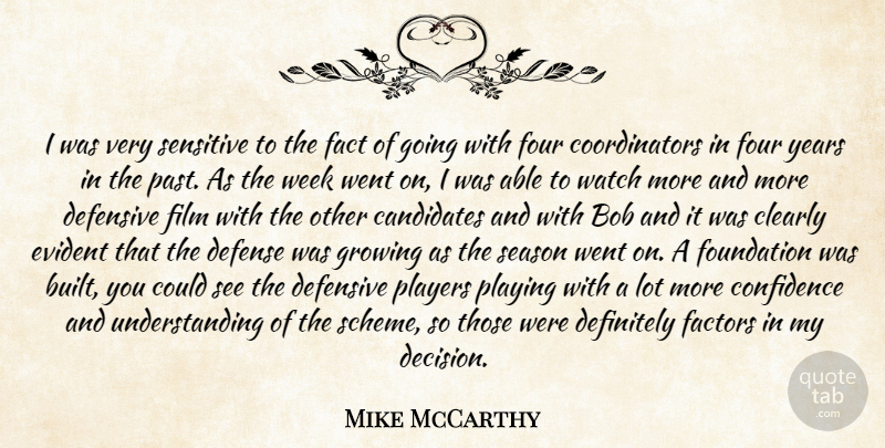 Mike McCarthy Quote About Bob, Candidates, Clearly, Confidence, Defense: I Was Very Sensitive To...