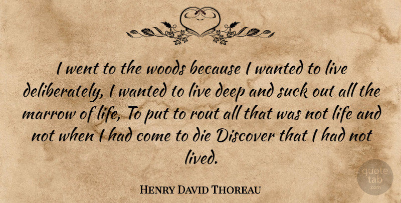 Henry David Thoreau Quote About Deep, Die, Discover, Life, Marrow: I Went To The Woods...