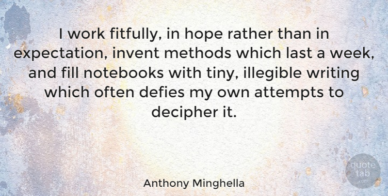 Anthony Minghella Quote About Notebook, Writing, Expectations: I Work Fitfully In Hope...