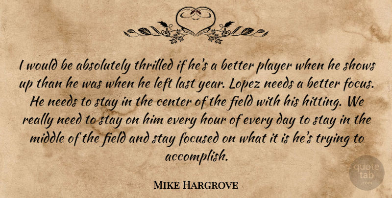 Mike Hargrove Quote About Absolutely, Center, Field, Focused, Hour: I Would Be Absolutely Thrilled...