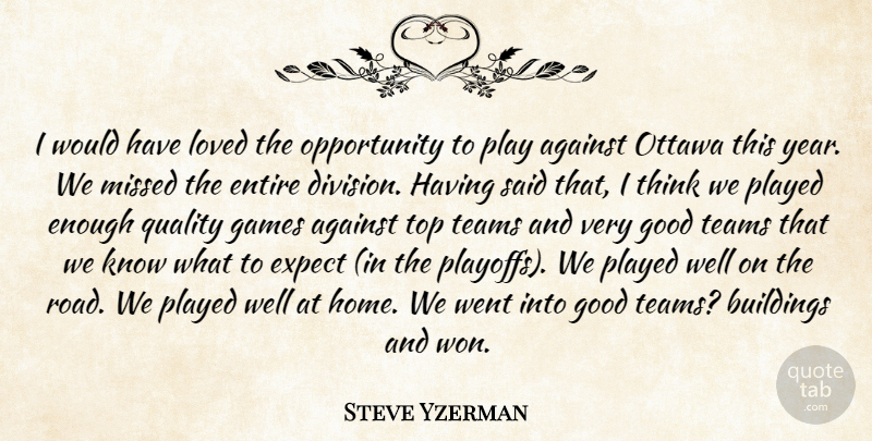 Steve Yzerman Quote About Against, Buildings, Entire, Expect, Games: I Would Have Loved The...