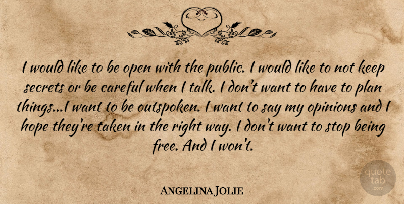 Angelina Jolie Quote About Careful, Hope, Open, Opinions, Plan: I Would Like To Be...