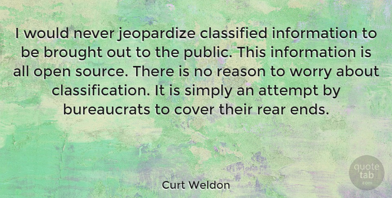 Curt Weldon Quote About Worry, Information, Reason: I Would Never Jeopardize Classified...