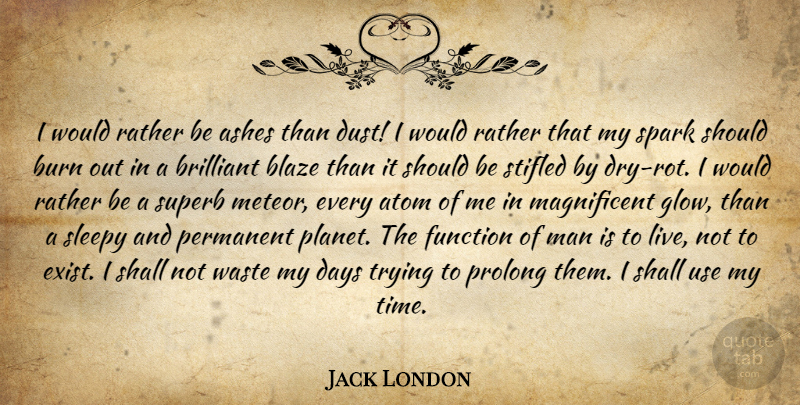 Jack London Quote About Inspirational, Life, Ambition: I Would Rather Be Ashes...
