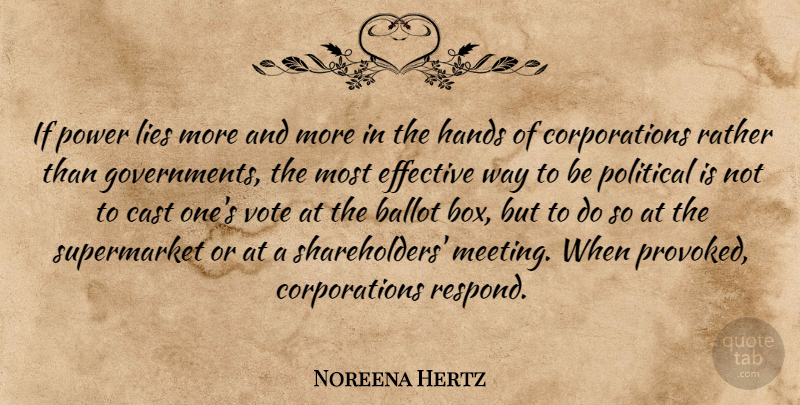 Noreena Hertz Quote About Ballot, Cast, Effective, Hands, Lies: If Power Lies More And...