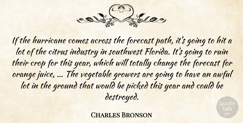 Charles Bronson Quote About Across, Awful, Change, Crop, Forecast: If The Hurricane Comes Across...