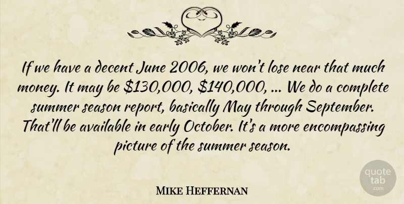 Mike Heffernan Quote About Available, Basically, Complete, Decent, Early: If We Have A Decent...