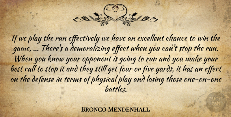 Bronco Mendenhall Quote About Best, Call, Chance, Defense, Effect: If We Play The Run...