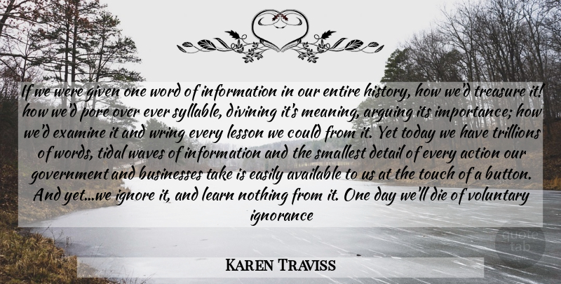 Karen Traviss Quote About Ignorance, Government, One Day: If We Were Given One...