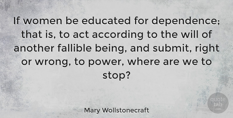 Mary Wollstonecraft Quote About Power, Literature, Dependence On Others: If Women Be Educated For...