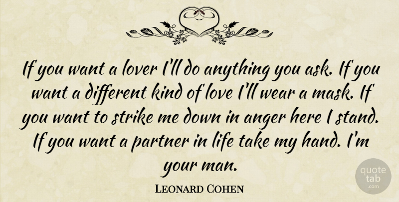 Leonard Cohen Quote About Men, Hands, Want: If You Want A Lover...