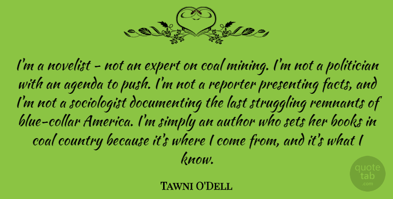 Tawni O'Dell Quote About Agenda, Author, Books, Coal, Country: Im A Novelist Not An...