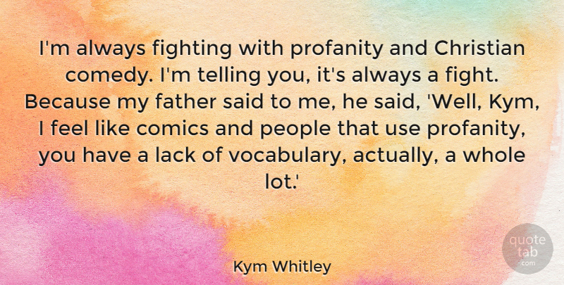 Kym Whitley Quote About Comics, Fighting, Lack, People, Profanity: Im Always Fighting With Profanity...