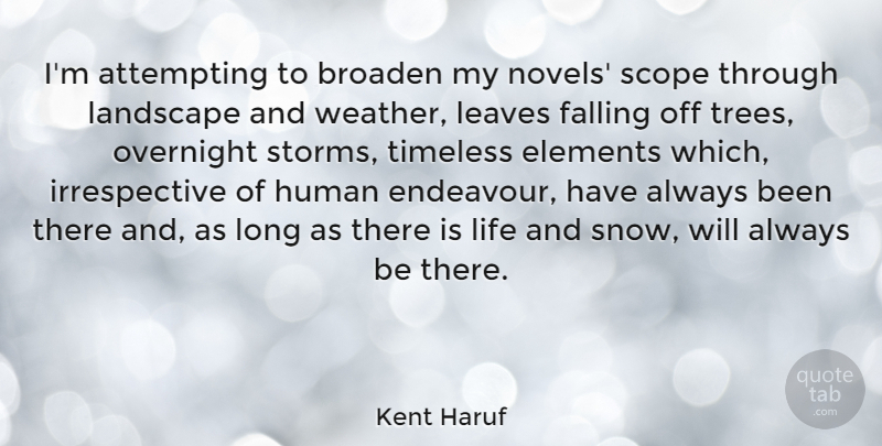 Kent Haruf Quote About Attempting, Broaden, Elements, Falling, Human: Im Attempting To Broaden My...