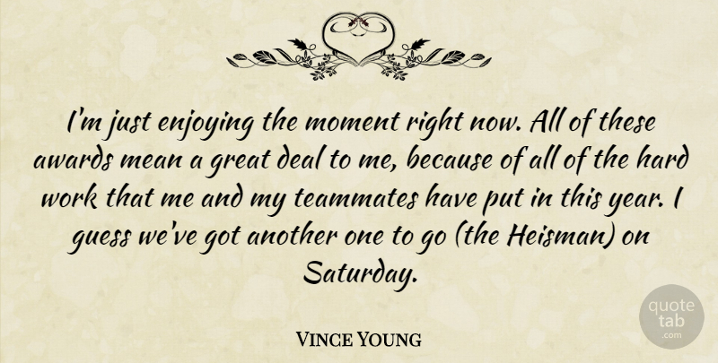 Vince Young Quote About Awards, Deal, Enjoying, Great, Guess: Im Just Enjoying The Moment...