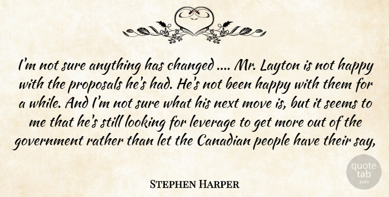 Stephen Harper Quote About Canadian, Changed, Government, Happy, Leverage: Im Not Sure Anything Has...