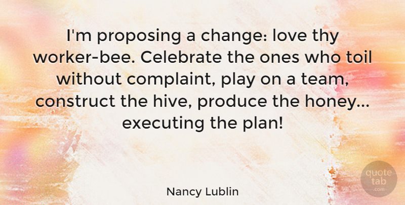 Nancy Lublin Quote About Celebrate, Change, Construct, Executing, Love: Im Proposing A Change Love...