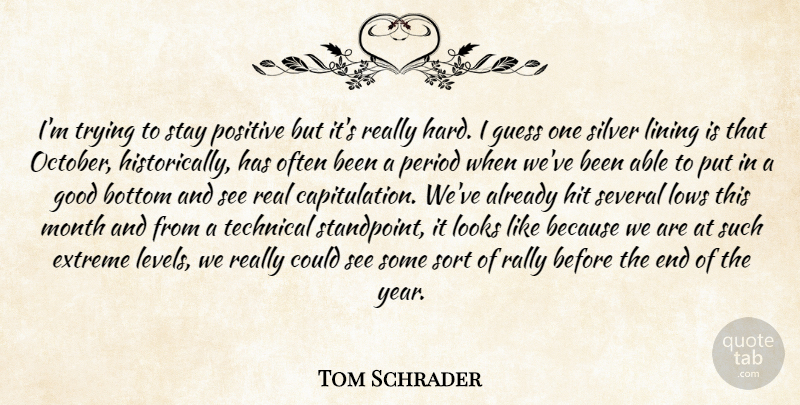 Tom Schrader Quote About Bottom, Extreme, Good, Guess, Hit: Im Trying To Stay Positive...